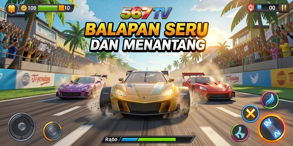 Screenshot gameplay 567TV menampilkan mobil balap melaju kencang di trek yang sangat menantang.