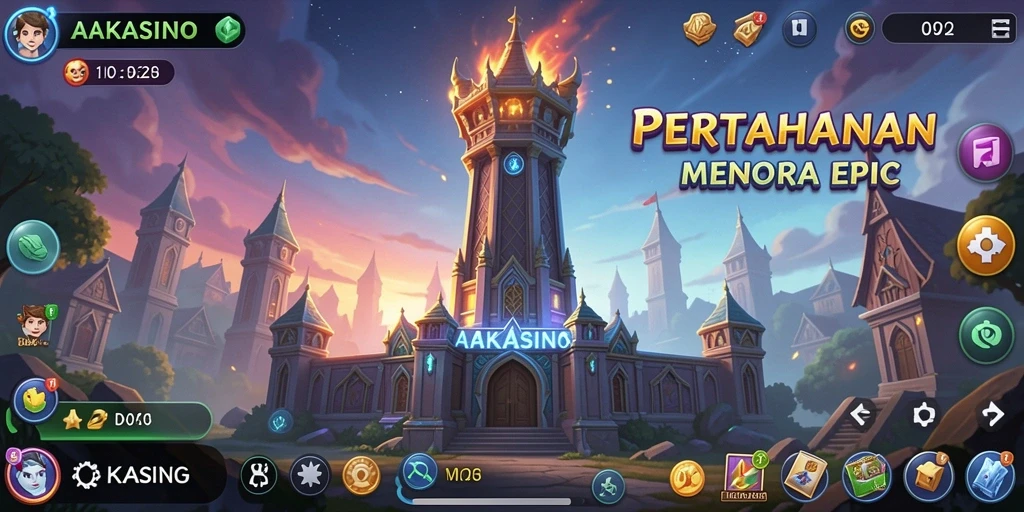 Tampilan gameplay AAKASINO dengan pertahanan menara yang menawan.