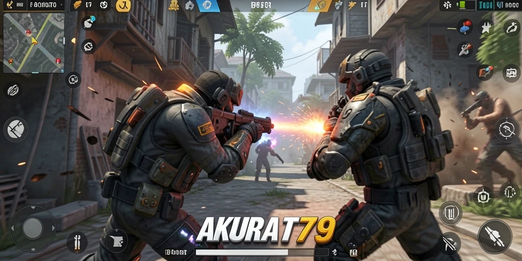 Tangkapan layar gameplay AKURAT79 menampilkan aksi tembak-menembak yang intens.