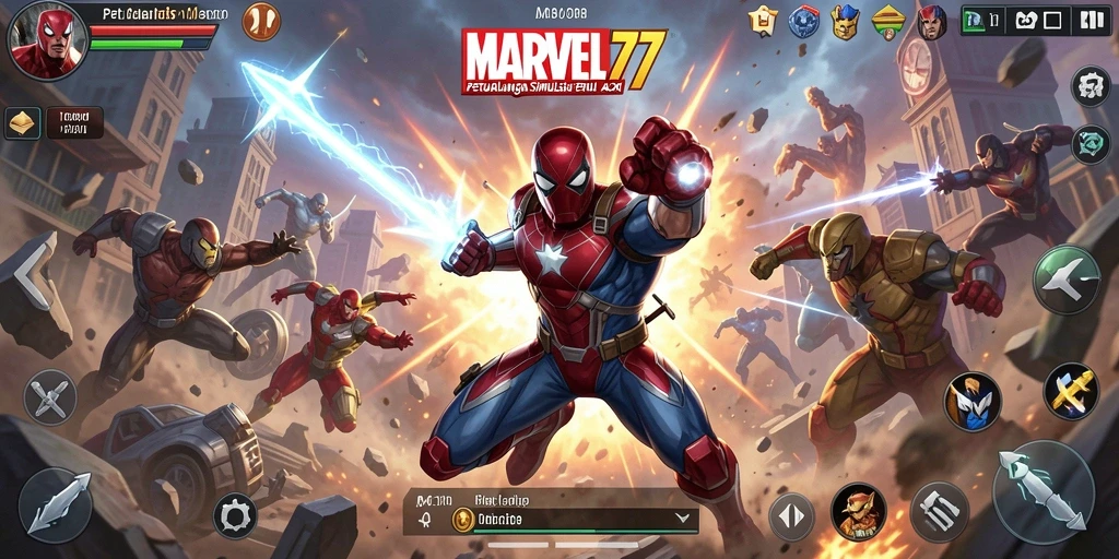 Tampilan gameplay menarik dari MARVEL77 dengan karakter superhero.