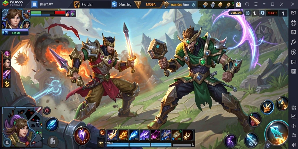 Tampilan gameplay WOW99 yang dinamis dan seru dalam pertempuran MOBA.